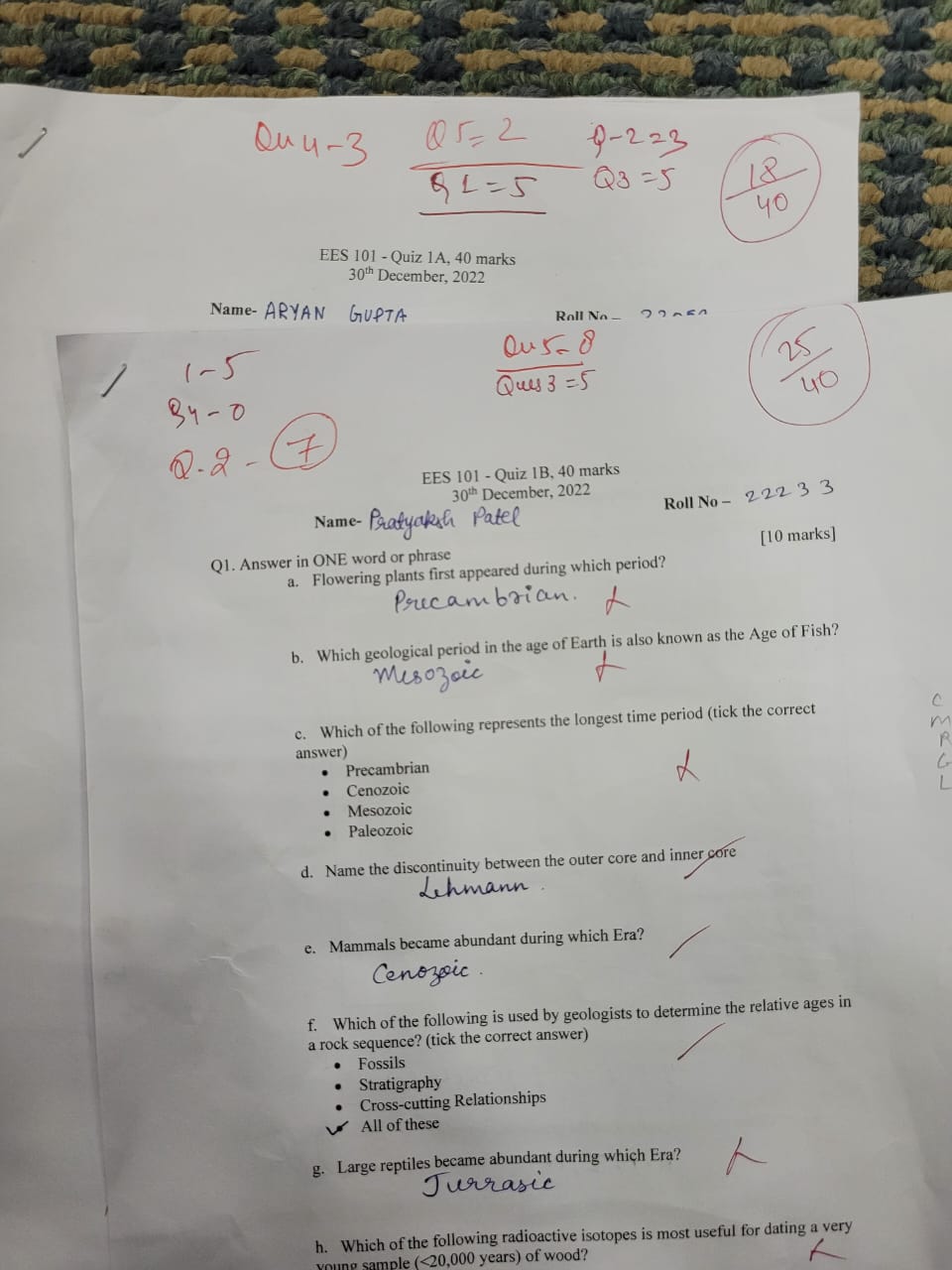 EES quiz marksheets